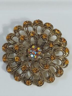 Vintage Filigree Floral Brooch with Amber Glass Rhinestones - Womens Jewelry